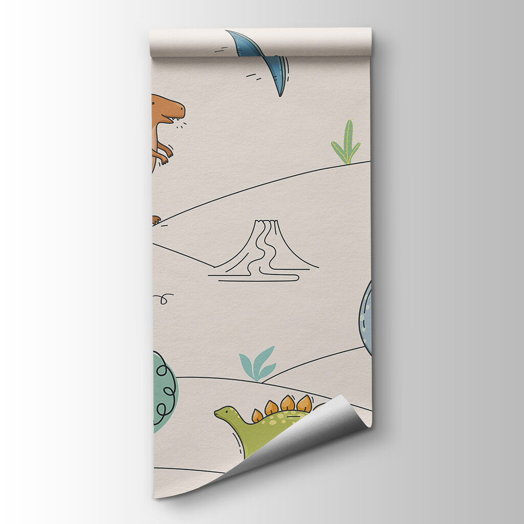 A drawing of dinosaurs and mountains