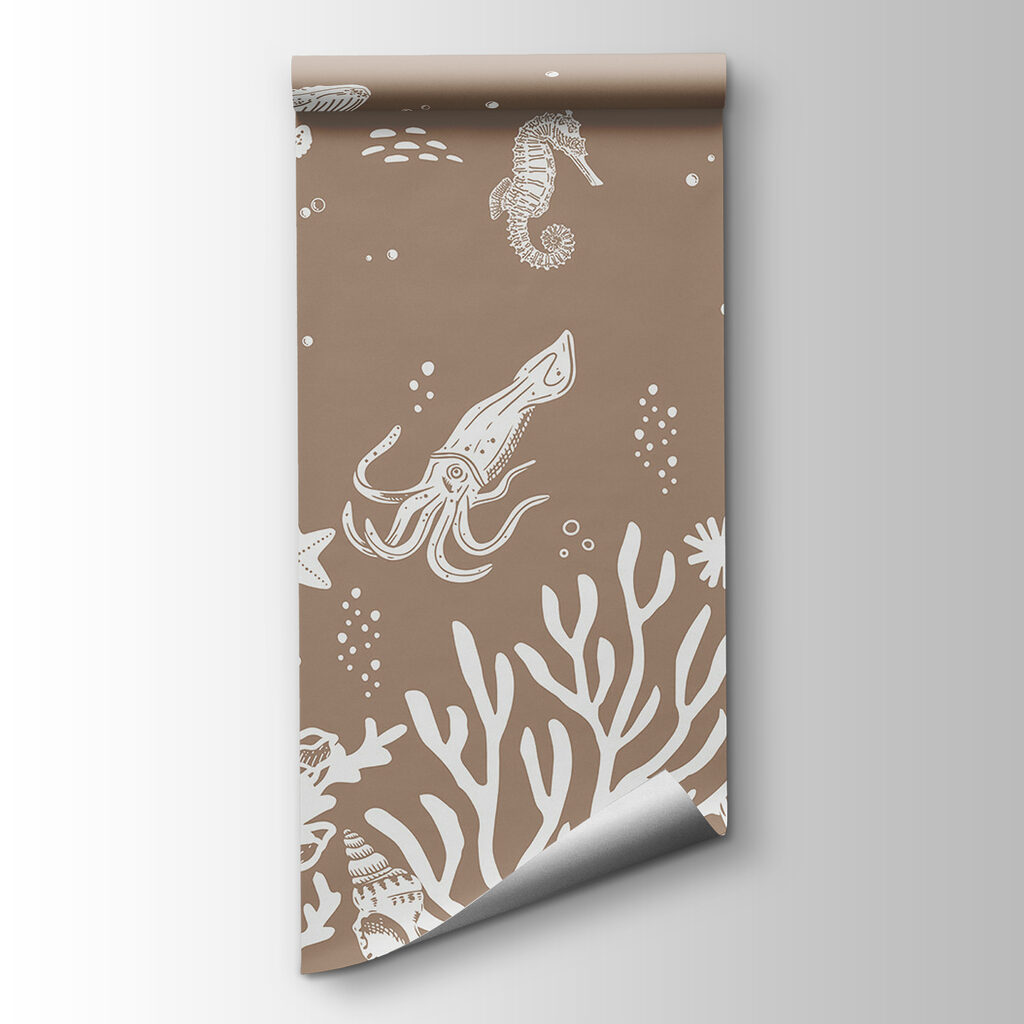A white line drawing of sea animals
