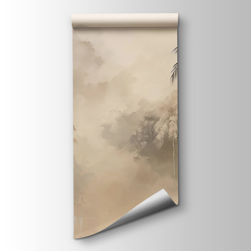 Painting of a forest with trees and fog