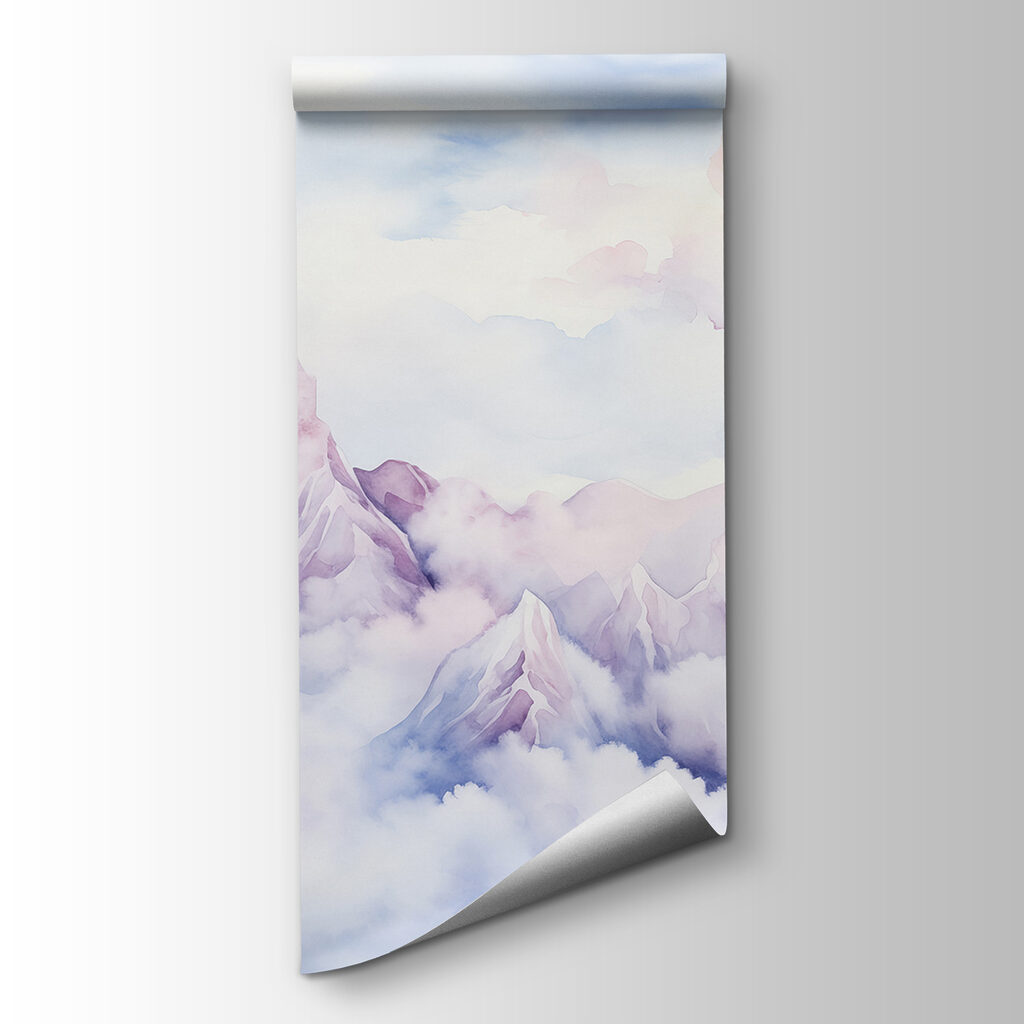 Painting of a mountain range with a balloon in the sky