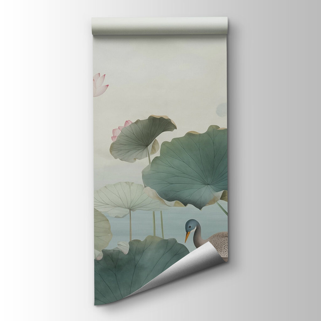 Duck in a pond with lotus flowers