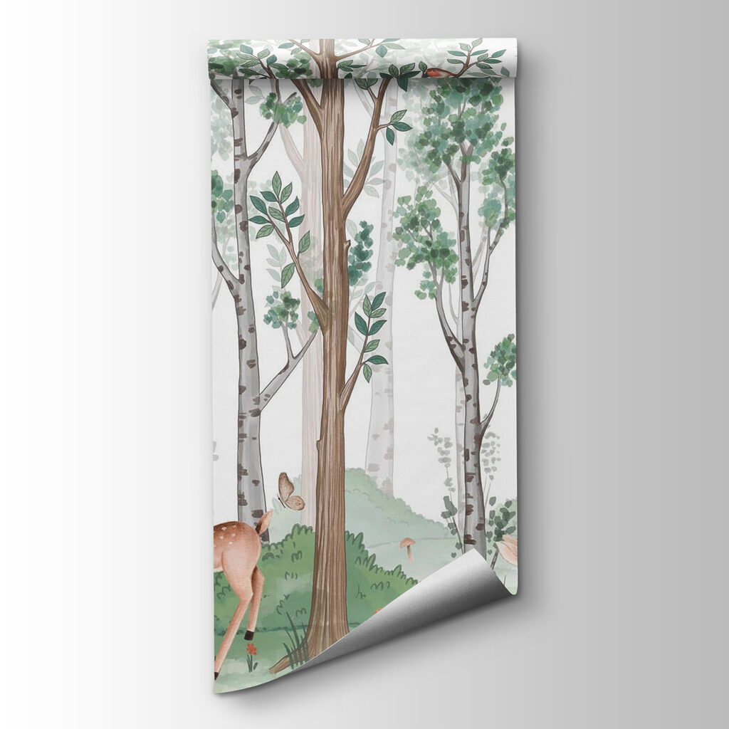 Wallpaper with a forest of trees and animals