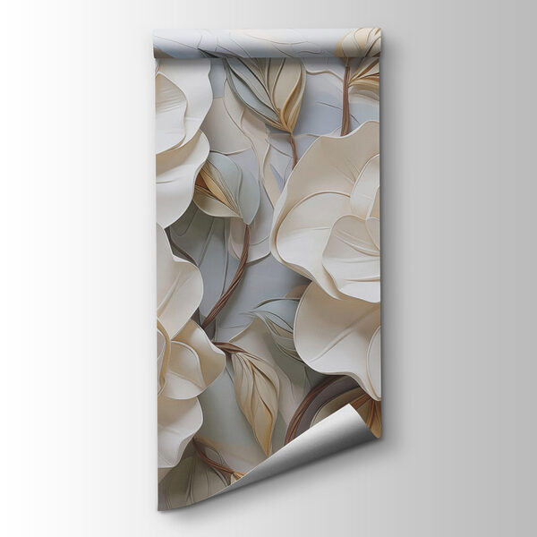 White flowers and leaves on a white surface White flowers and leaves on a white surface