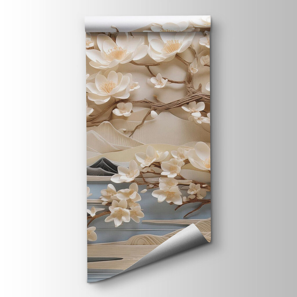 Tree with white flowers and mountains