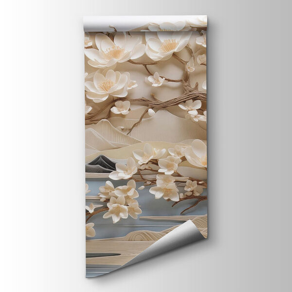 Tree with white flowers and mountains