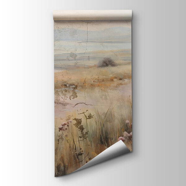 Painting of a field with flowers and a lake Painting of a field with flowers and a lake