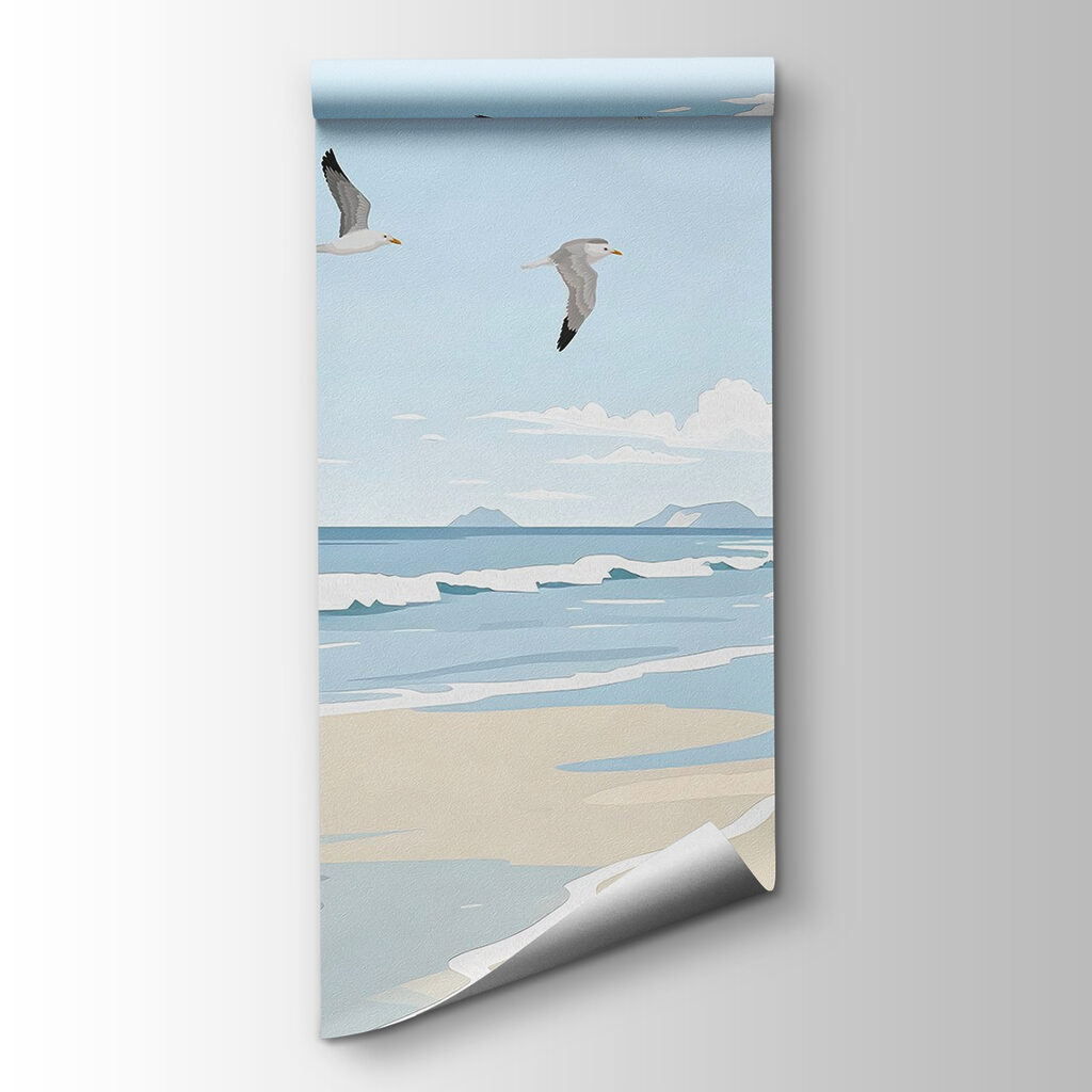 Beach with birds flying over it