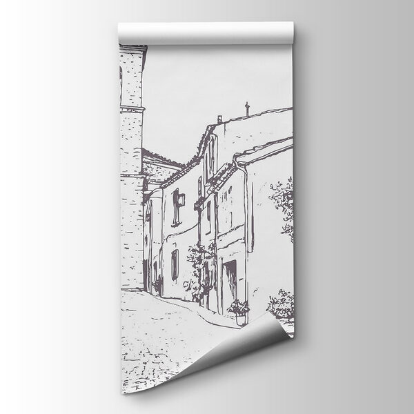 Drawing of a street with buildings and a bell tower Drawing of a street with buildings and a bell tower