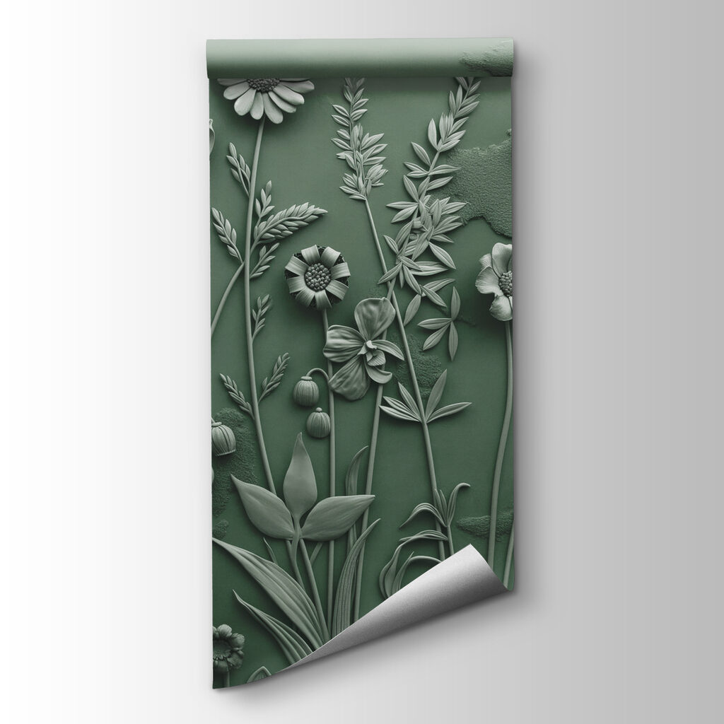 A grey sculpture of flowers and plants
