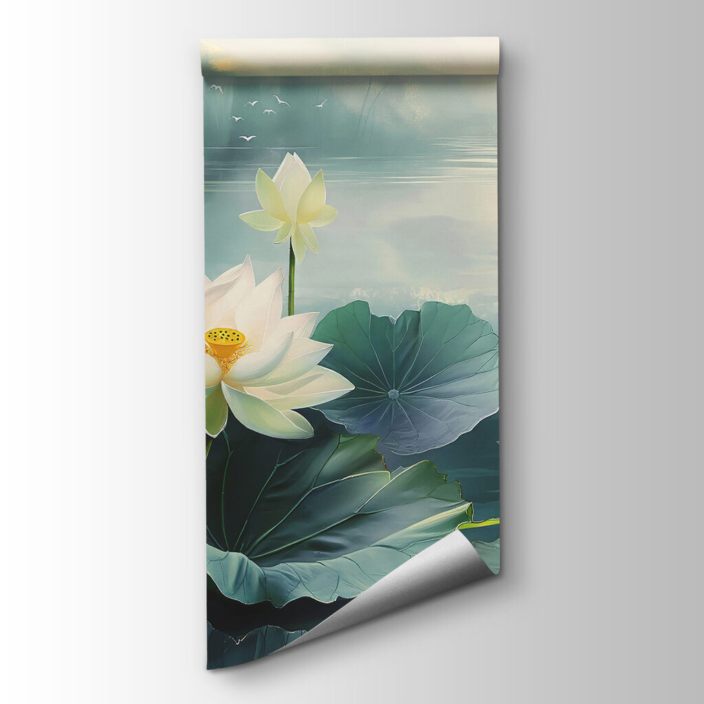 Painting of white flowers and leaves on water Painting of white flowers and leaves on water