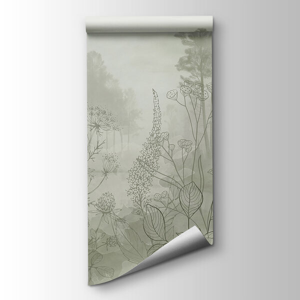 Foggy forest with trees and birds Foggy forest with trees and birds