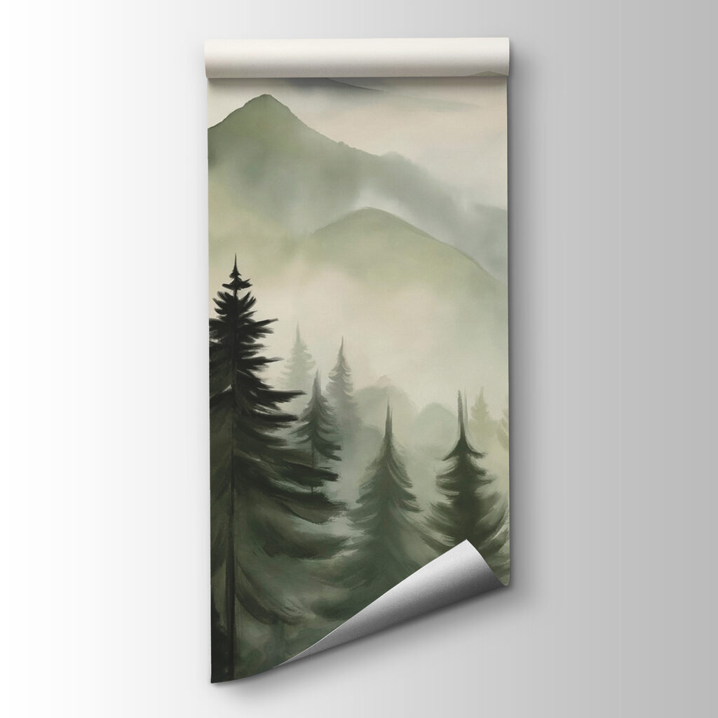 Foggy mountain range with trees