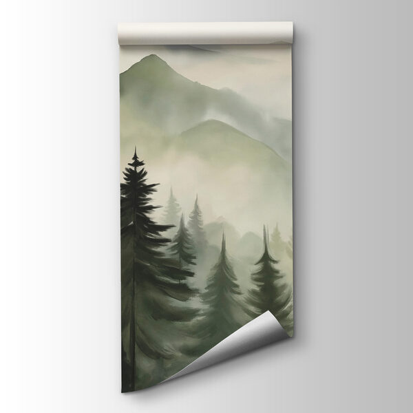 Foggy mountain range with trees