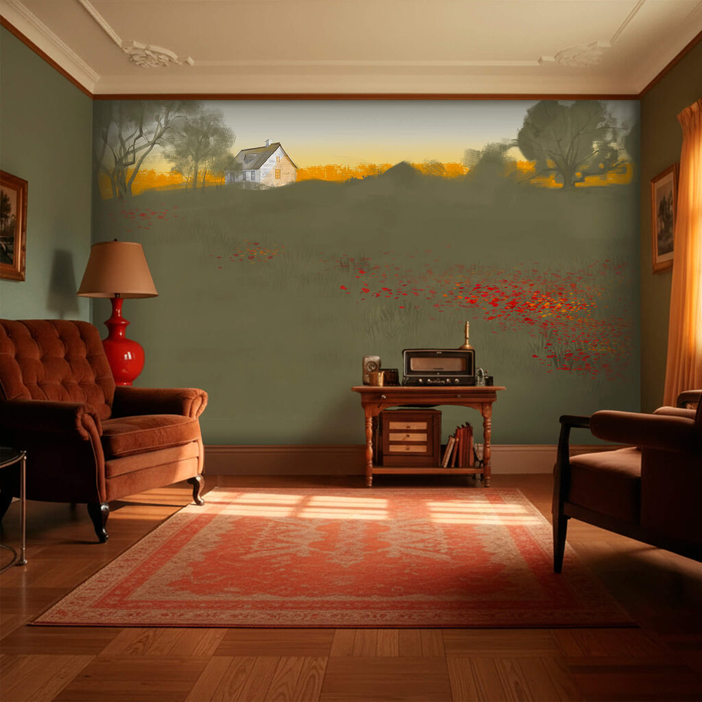 Câmp cu flori roșii și o casă în fundal