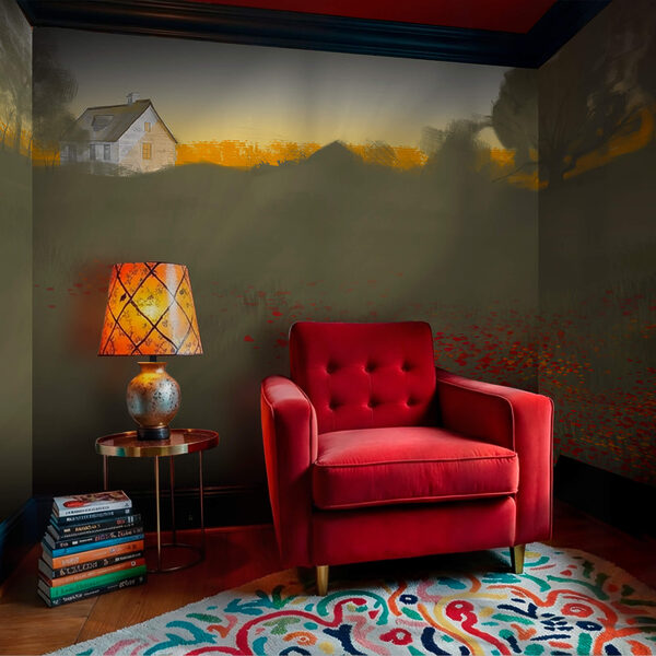 Câmp cu flori roșii și o casă în fundal