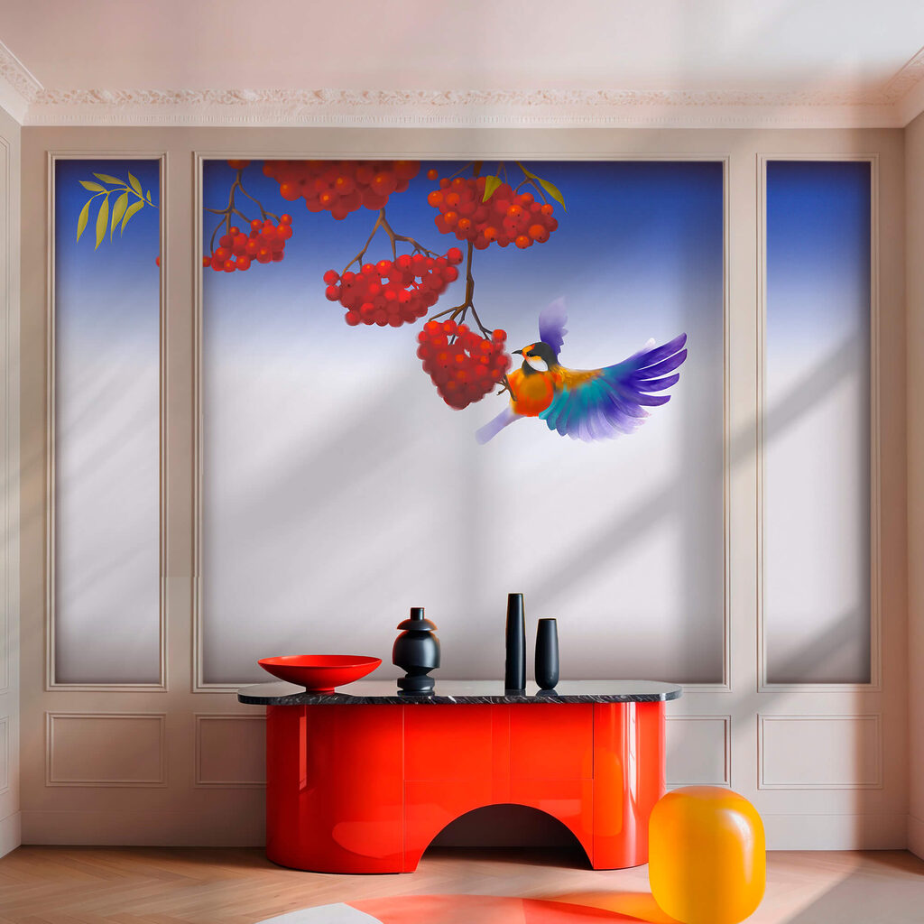 Pasăre care mănâncă un ciorchine de fructe roșii