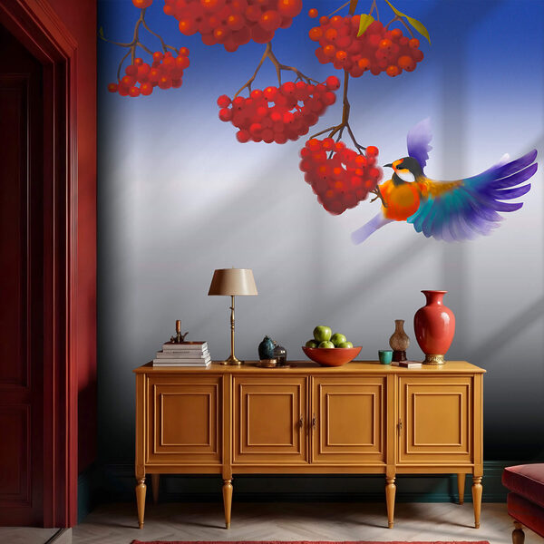 Pasăre care mănâncă un ciorchine de fructe roșii