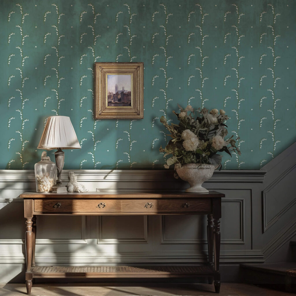 Model cu flori albe pe fond albastru