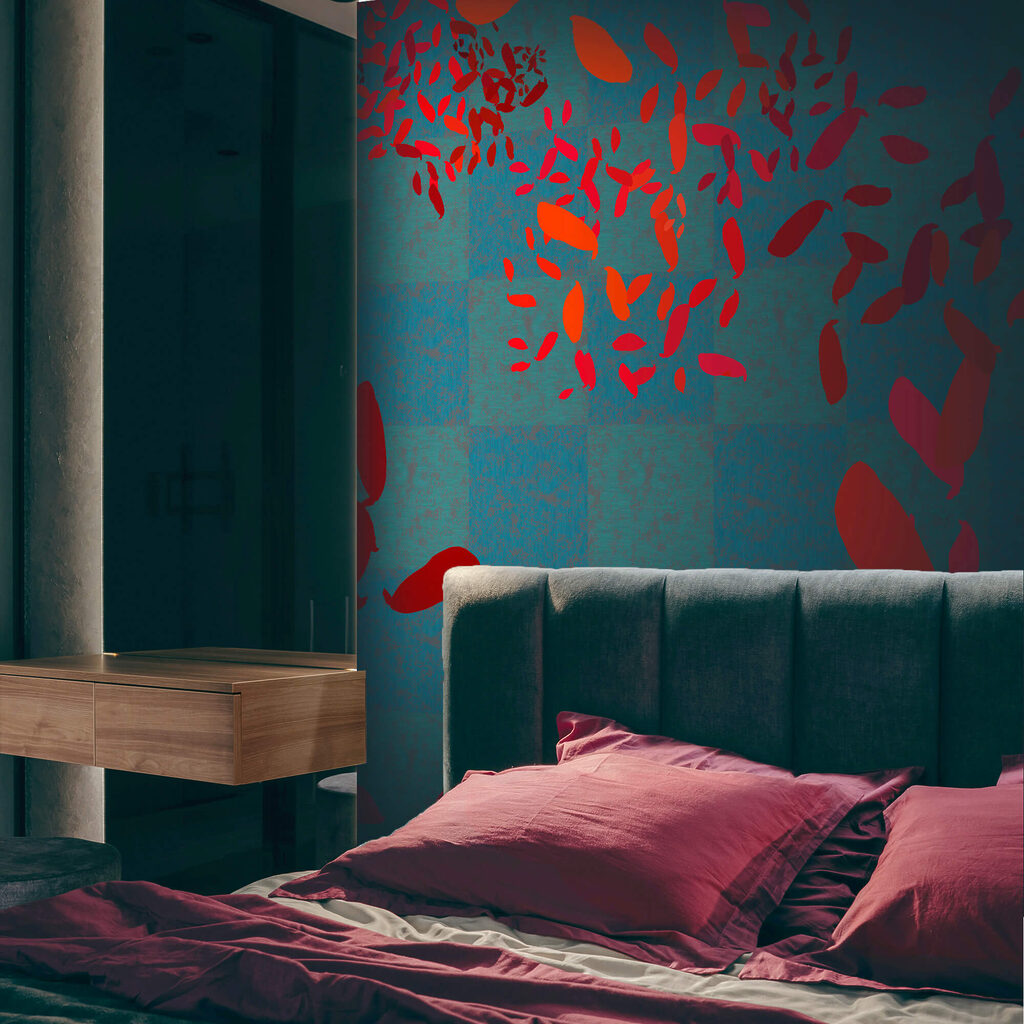 Frunze roșii pe fundal albastru