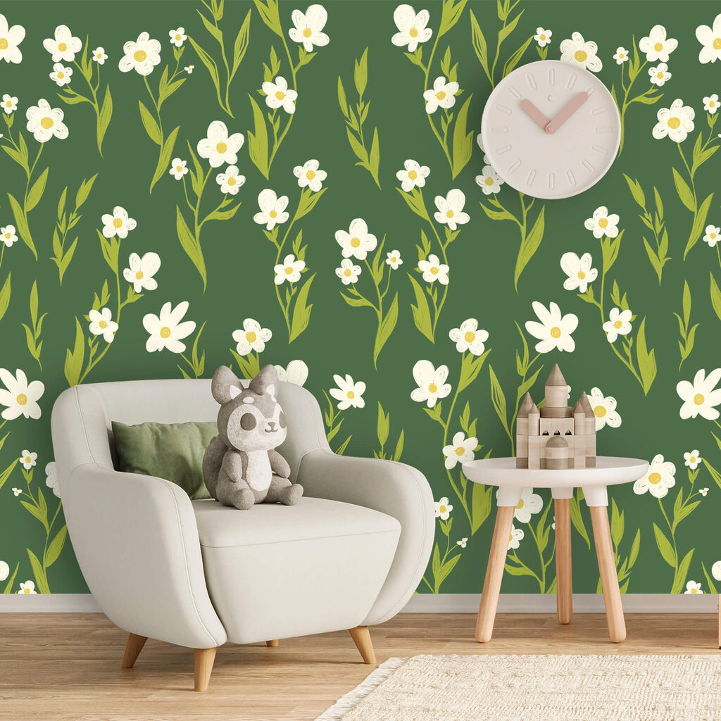 Model cu flori albe și frunze verzi