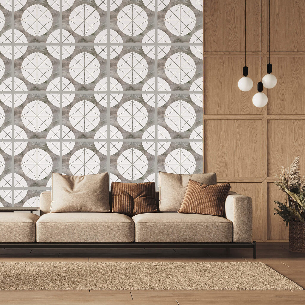 Model cu cercuri albe și pătrate gri