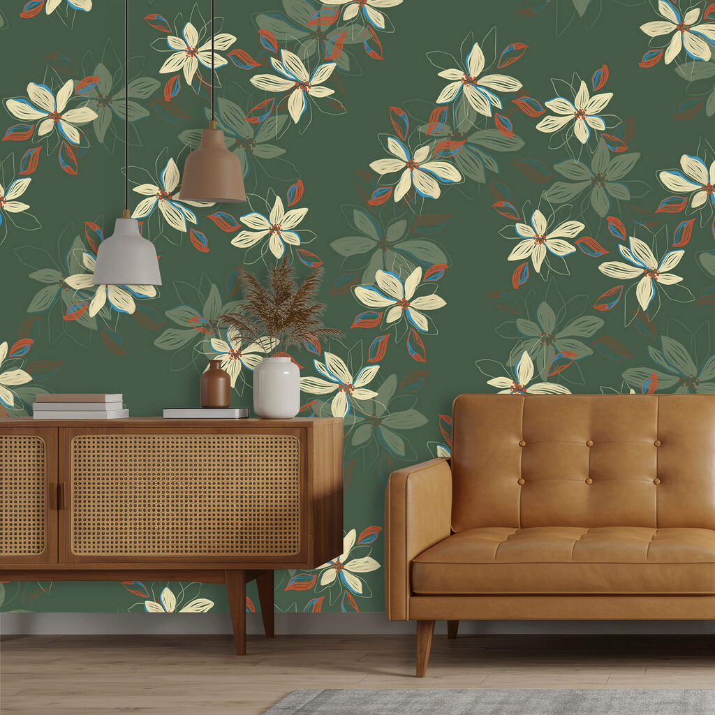 Model cu flori albe și frunze roșii pe fond verde