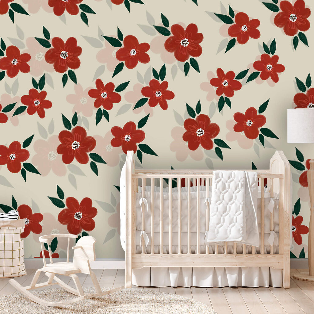 Model cu flori roșii și frunze verzi