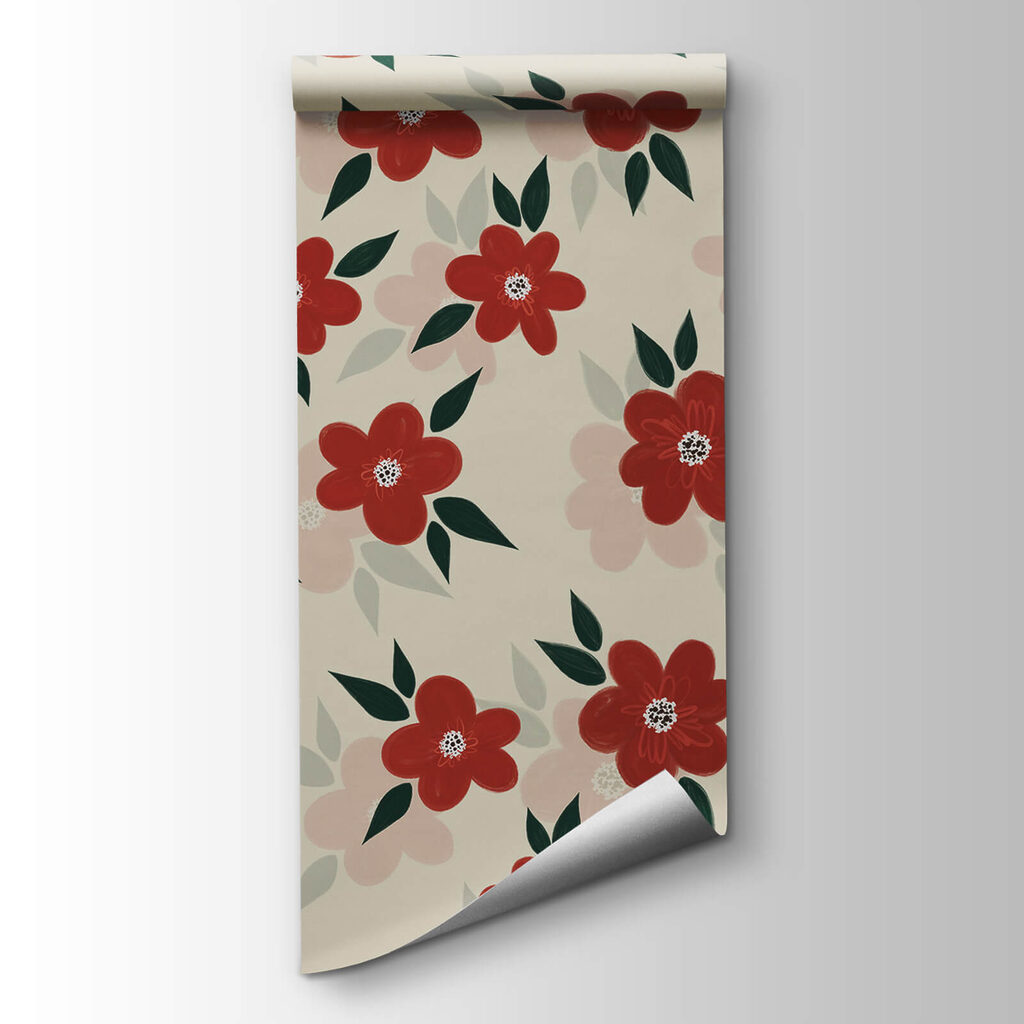 Pattern of red flowers and green leaves