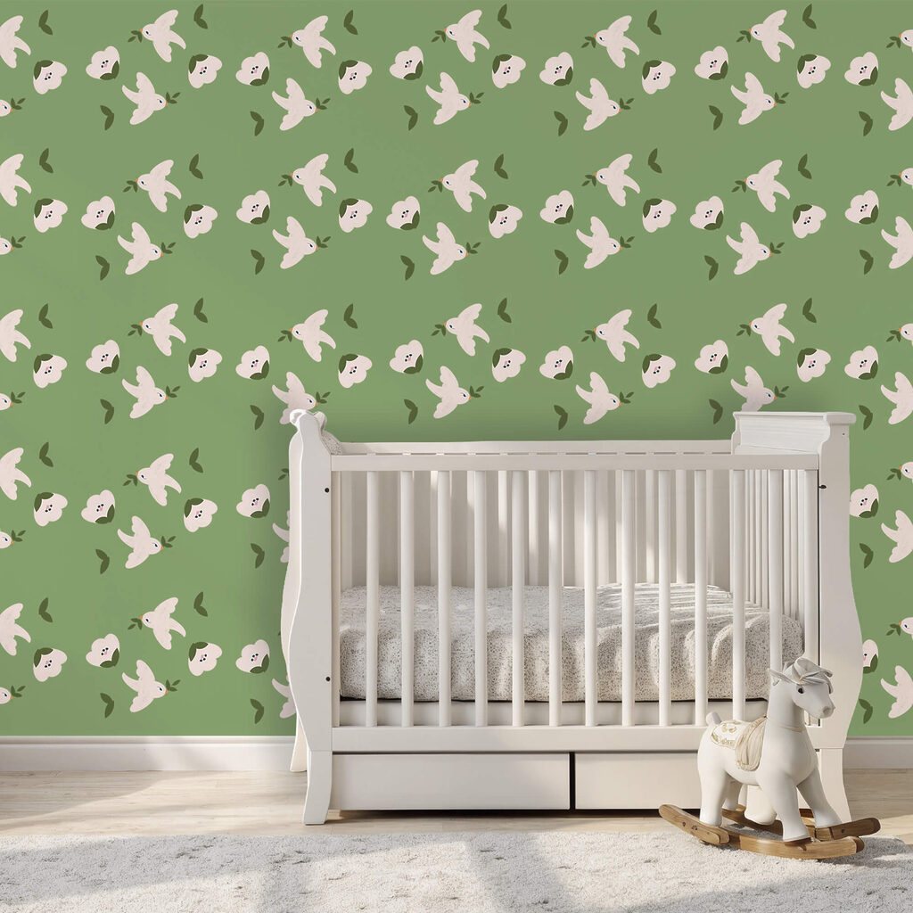 Model cu păsări albe și frunze verzi