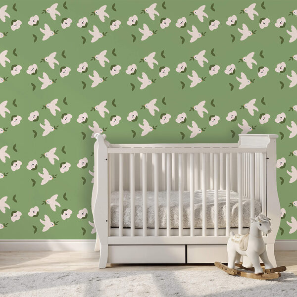 Model cu păsări albe și frunze verzi