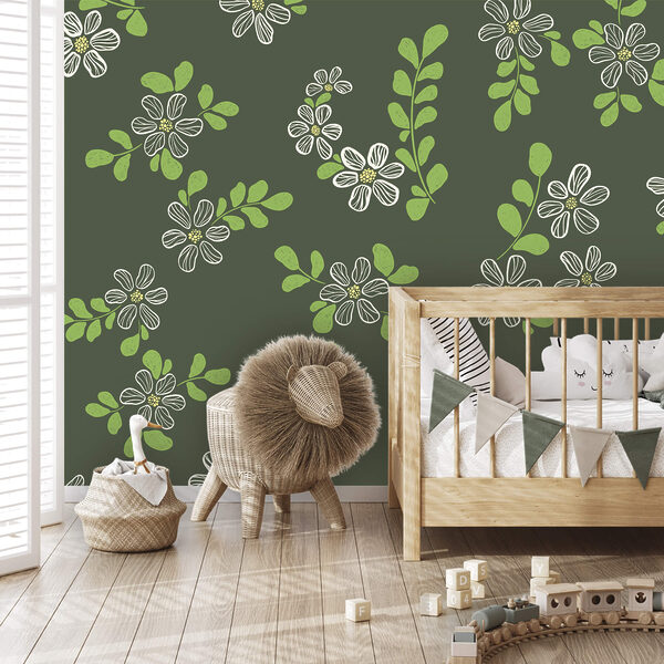 Motiv cu flori albe și frunze verzi