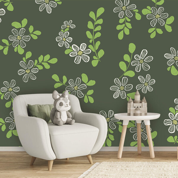 Motiv cu flori albe și frunze verzi