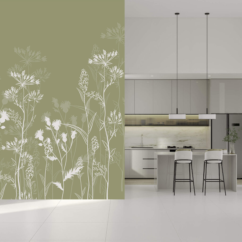 Siluete florale delicate pe fond verde