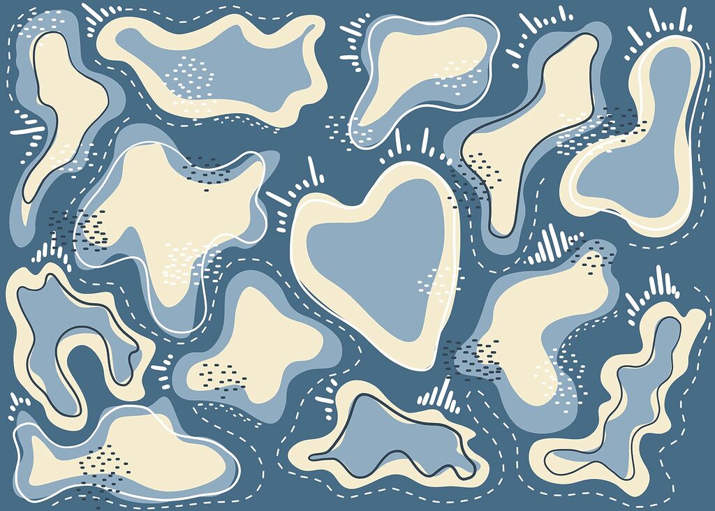 Blue and white background with white and yellow shapes