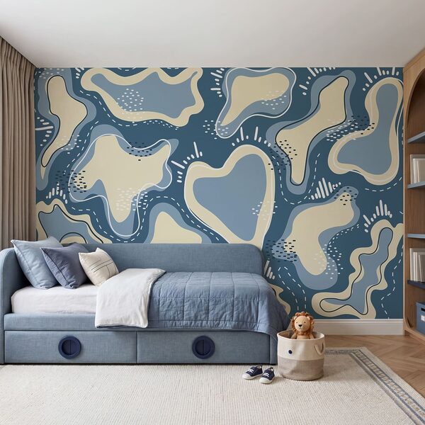 Fundal albastru și alb cu forme albe și galbene