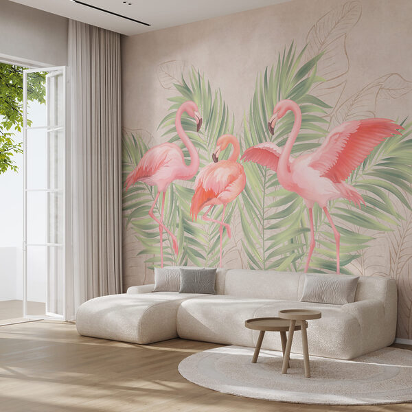 Grup de flamingo roz cu frunze verzi Grup de flamingo roz cu frunze verzi