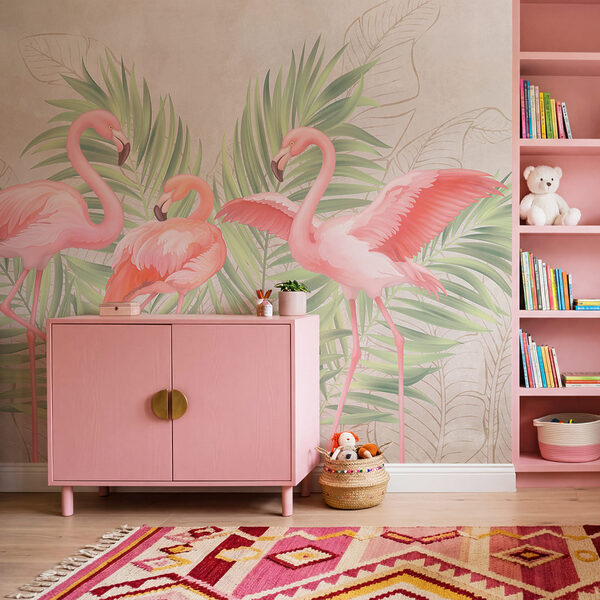 Grup de flamingo roz cu frunze verzi Grup de flamingo roz cu frunze verzi