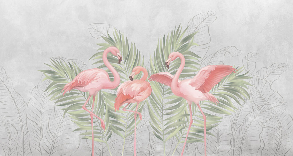 Group of pink flamingos with green leaves