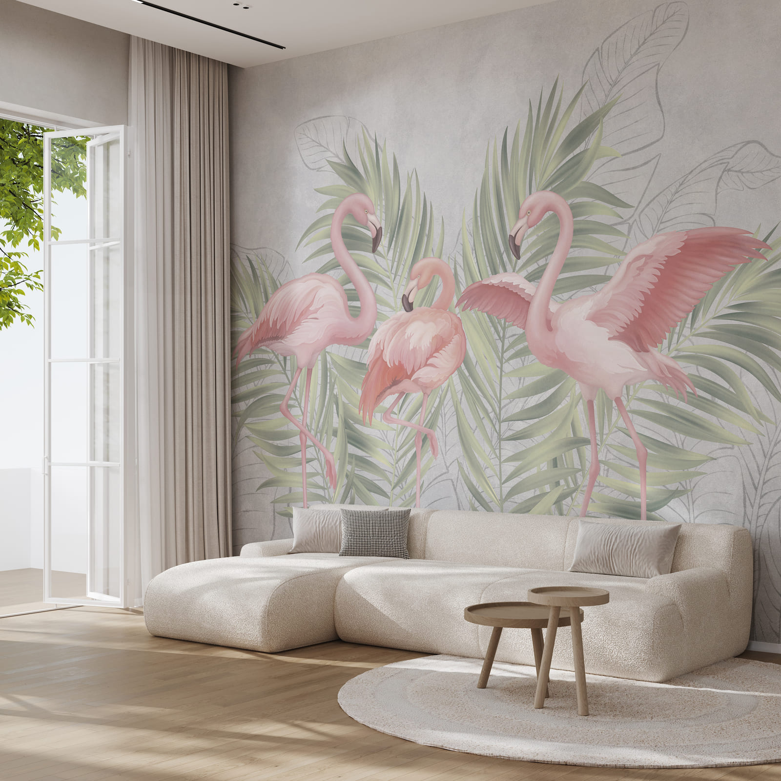 Grup de flamingo roz cu frunze verzi