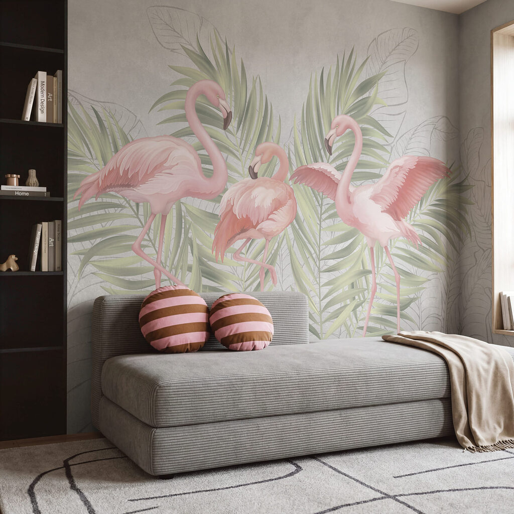 Grup de flamingo roz cu frunze verzi