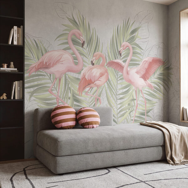 Grup de flamingo roz cu frunze verzi