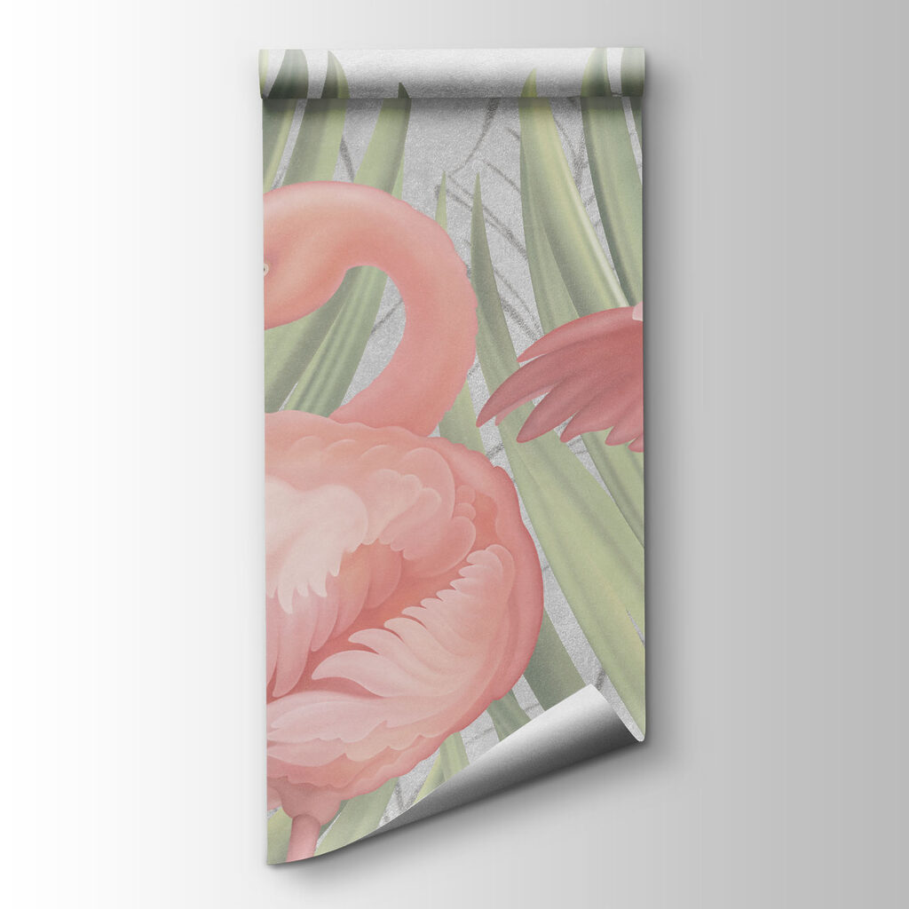 Group of pink flamingos with green leaves