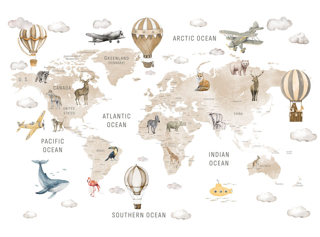 Map of the world with animals and air balloons Map of the world with animals and air balloons