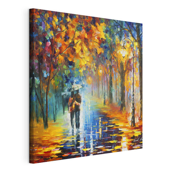 A painting of a couple walking in a park with trees and a lamp post A painting of a couple walking in a park with trees and a lamp post