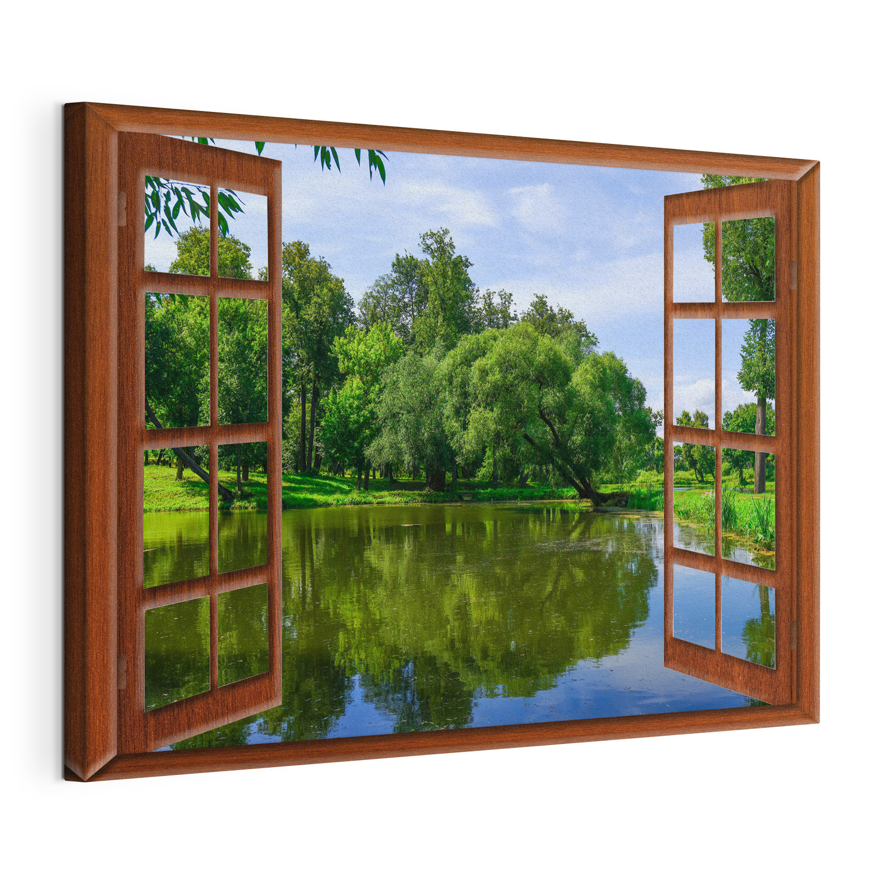 A window with a lake and trees