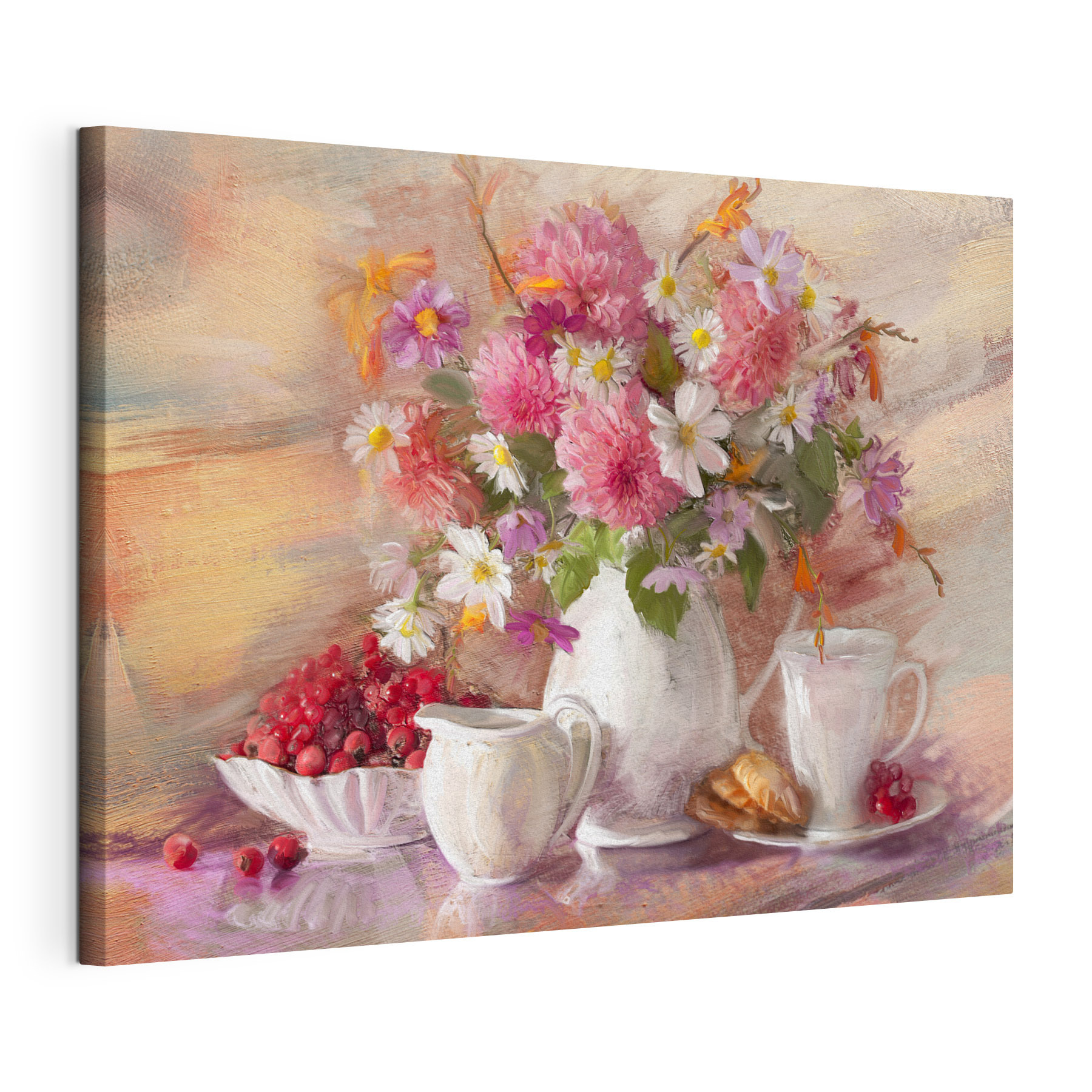 A painting of flowers in a vase and a bowl of croissants A painting of flowers in a vase and a bowl of croissants