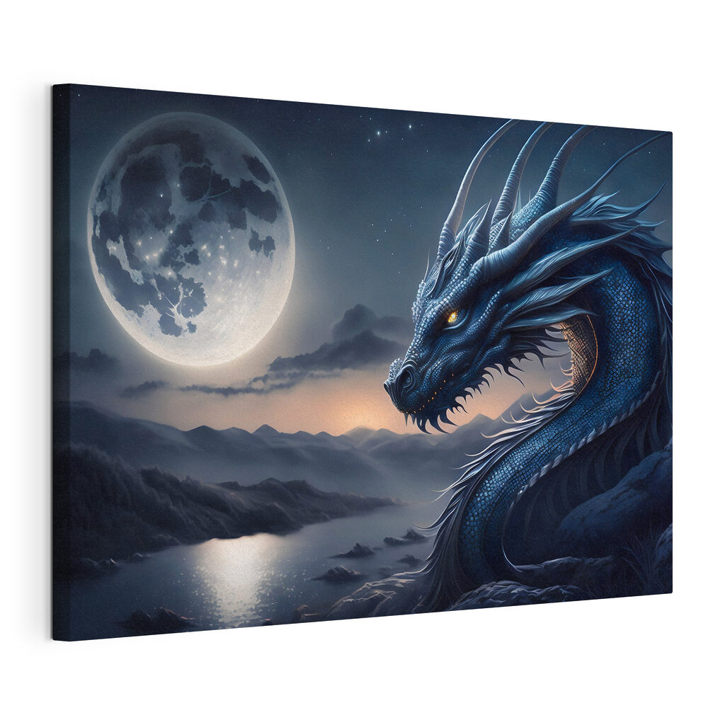 A blue dragon with a moon in the background A blue dragon with a moon in the background