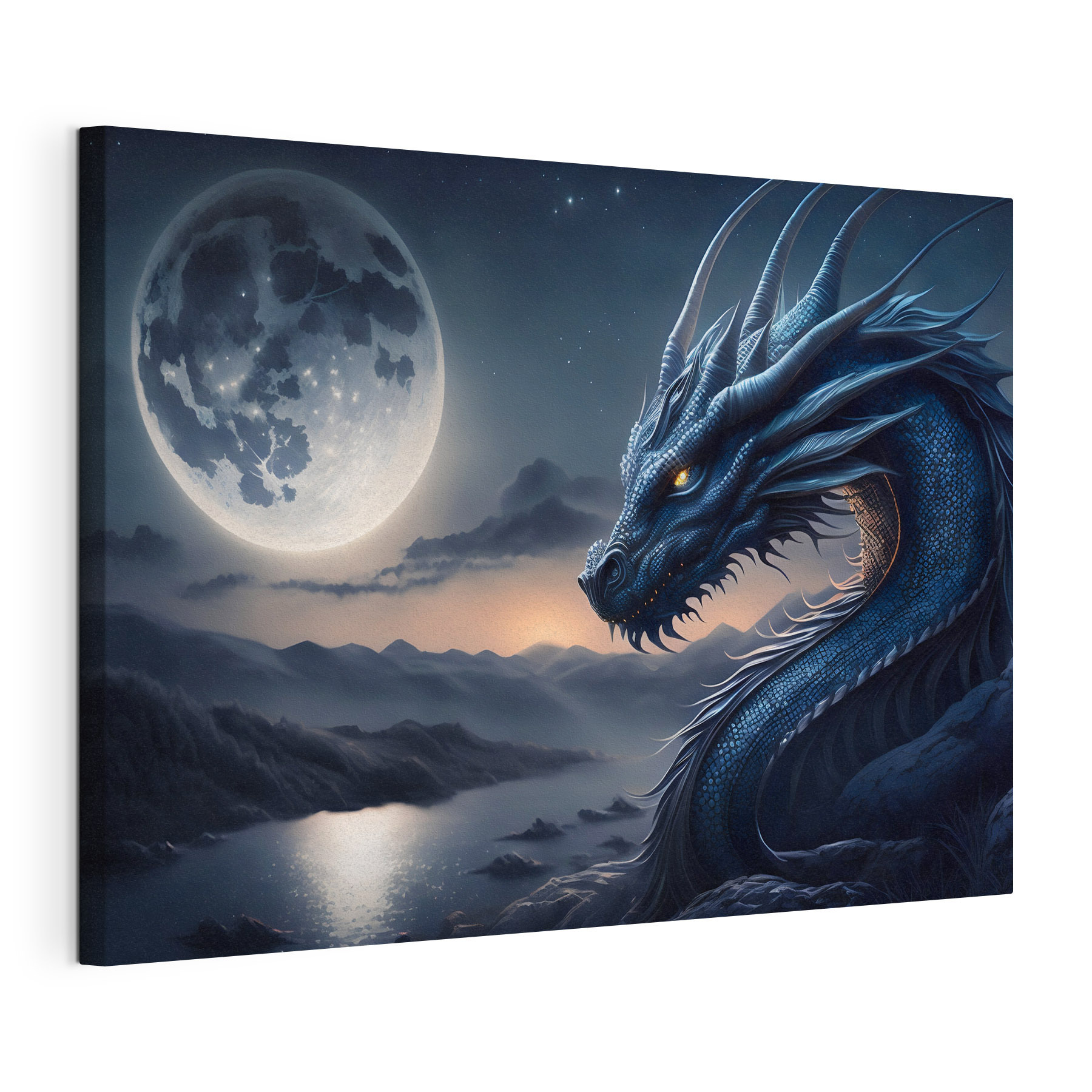 A blue dragon with a moon in the background A blue dragon with a moon in the background