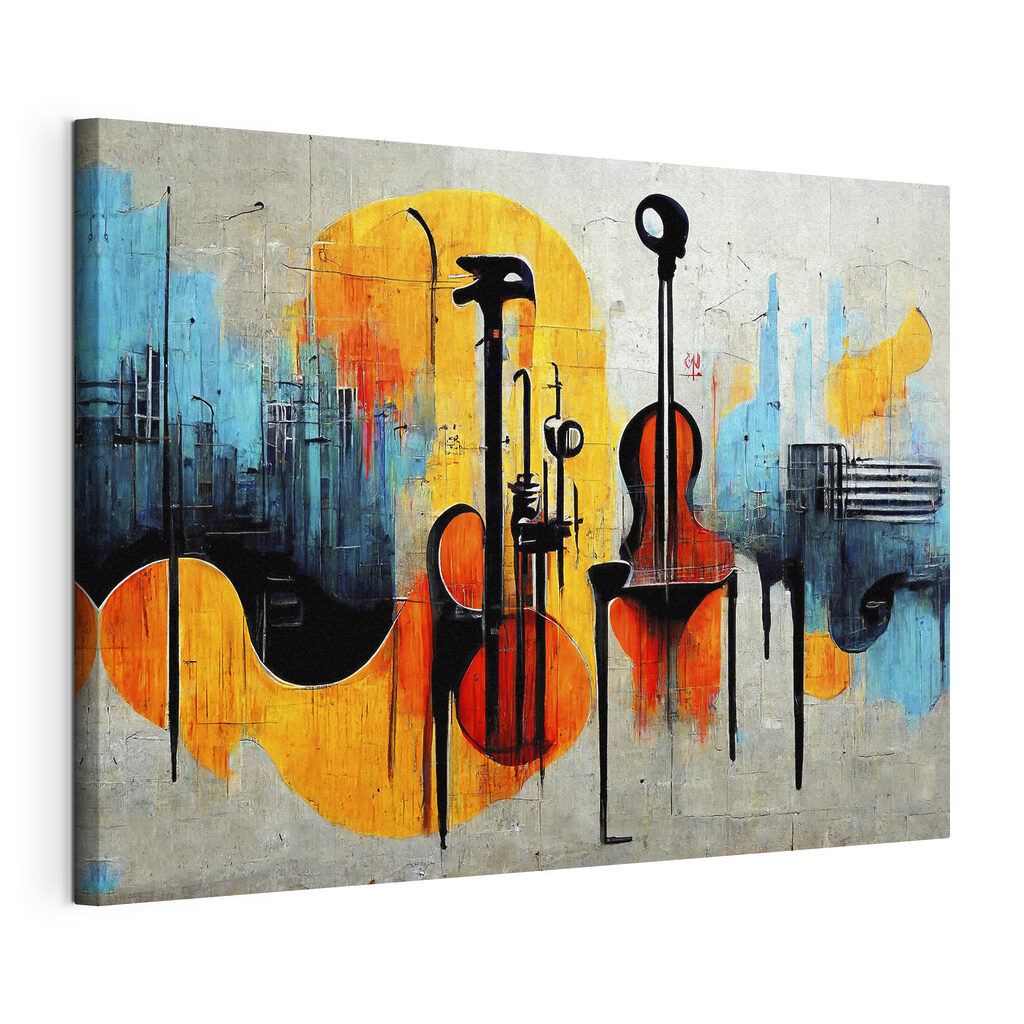 A painting of guitars and instruments