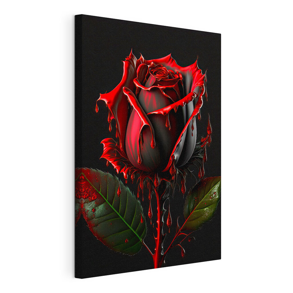 A red rose with green leaves and dripping red paint